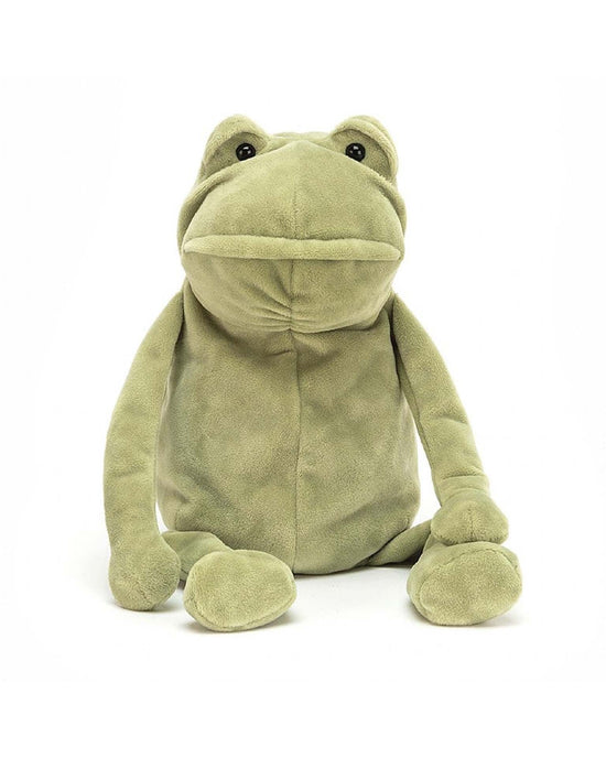 A green plush frog, named Fergus Frog and made of soft velour by Jellycat, sits upright against a plain white background, with black eyes gazing forward.