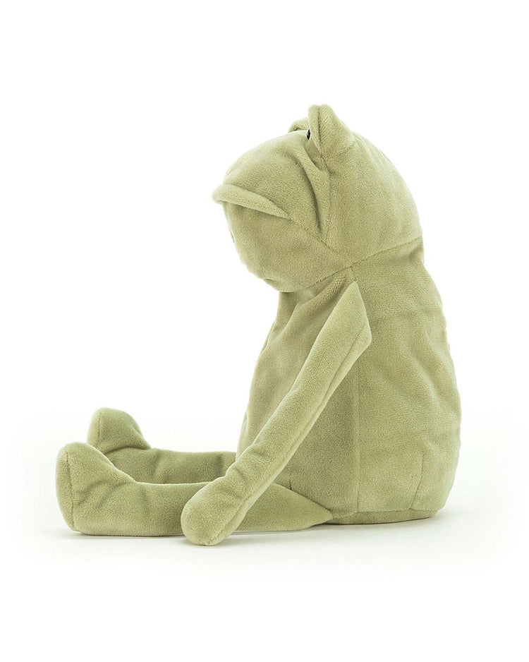 The Jellycat Fergus Frog is a soft velour toy shaped like a sitting green frog, facing sideways and embodying a bit of froggy wisdom.