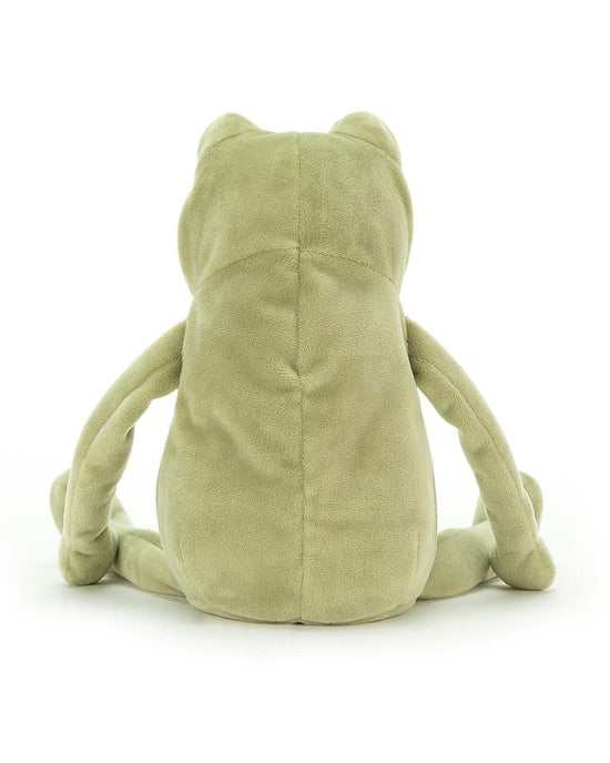 The Jellycat Fergus Frog, viewed from behind, sits with its legs extended and arms by its sides. The plush, light green velour fabric conveys an air of froggy wisdom.