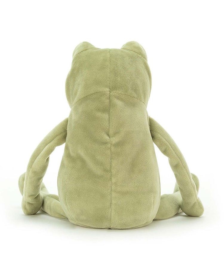 The Jellycat Fergus Frog, viewed from behind, sits with its legs extended and arms by its sides. The plush, light green velour fabric conveys an air of froggy wisdom.