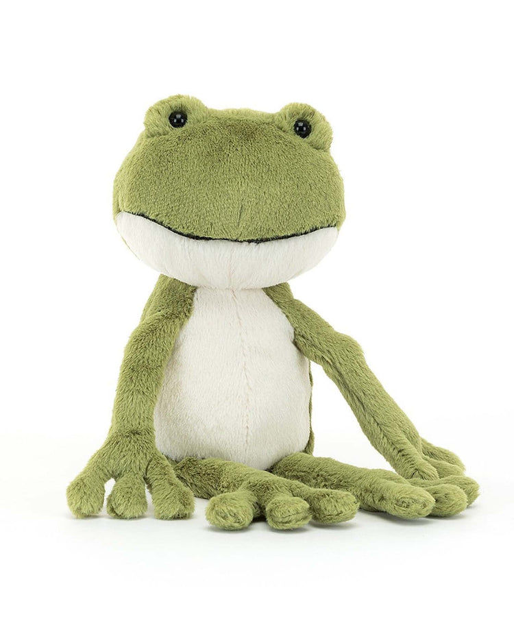 Finnegan Frog by Jellycat is a delightful stuffed animal that features mossy green and white fur, large black eyes, and a smiling mouth. This plush toy frog sits upright on a white background with an inviting charm.