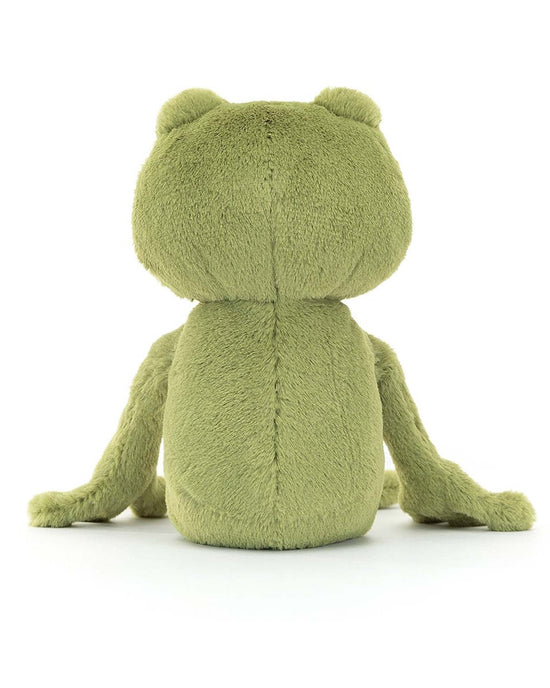 A plush toy frog, named Finnegan Frog from Jellycat, is seated with its back facing the viewer. The stuffed animal features a soft, fuzzy-looking texture and a delightful mossy green fur.
