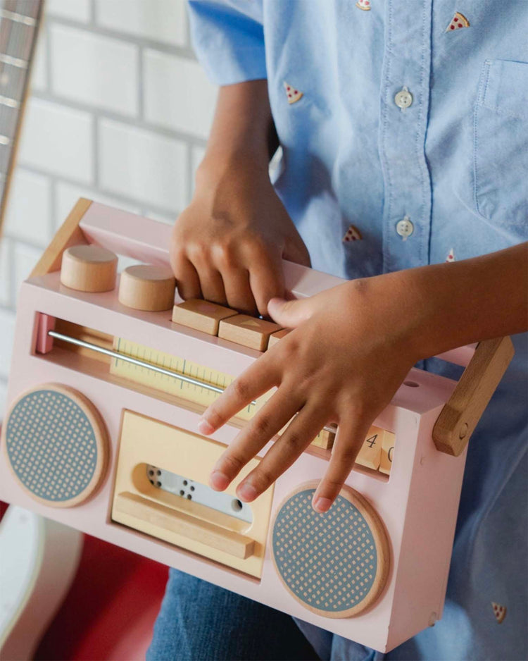 Little kiko+ and gg* play wooden tape recorder in pink