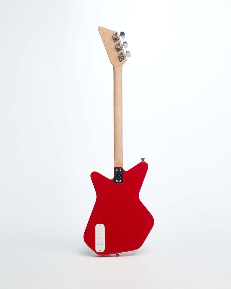 A Loog Pro Electric in red by Loog Guitars viewed from the back, showcasing the wooden neck and headstock, with visible tuning pegs and control panel near the body.