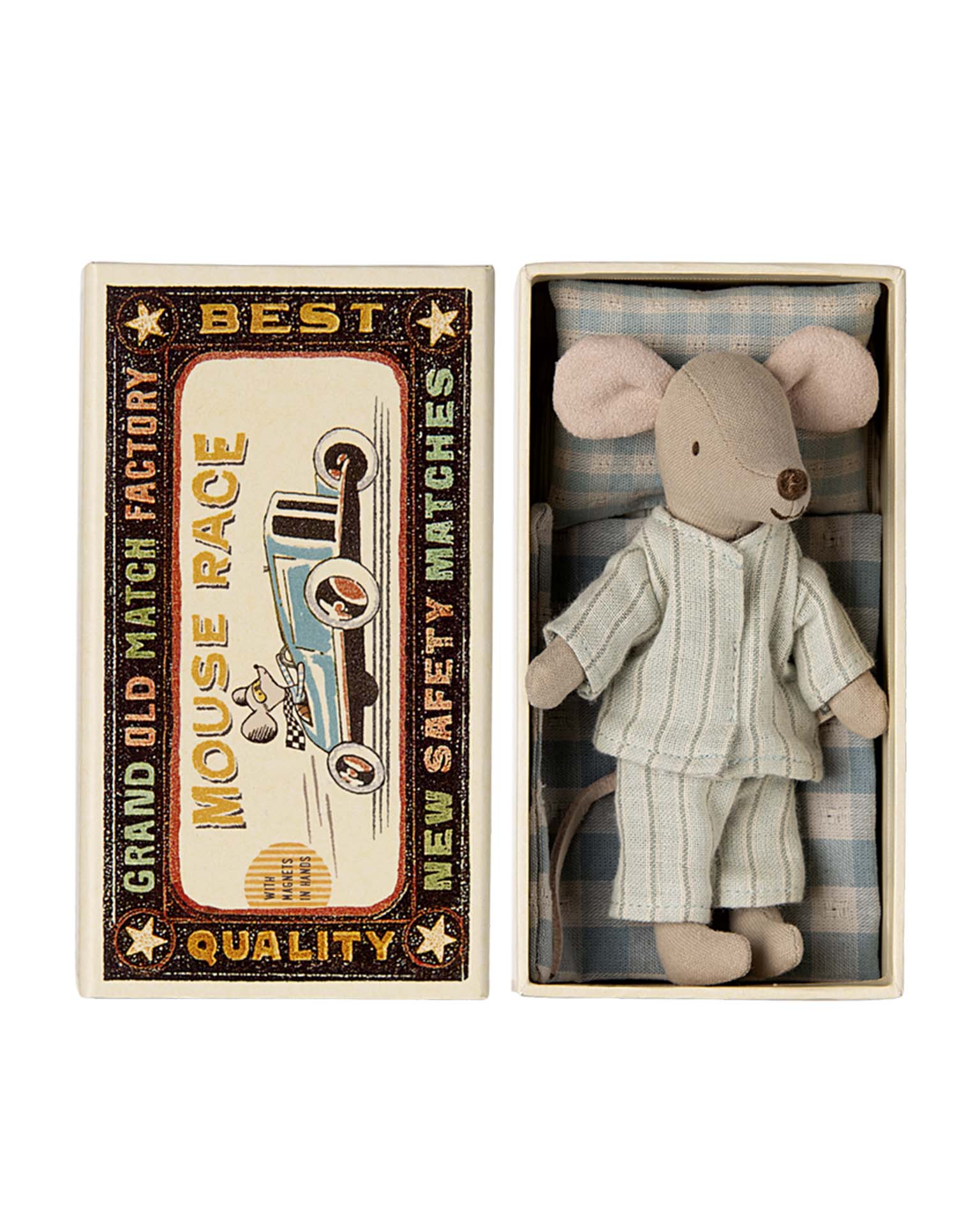 Little maileg play big brother mouse in matchbox in stripes