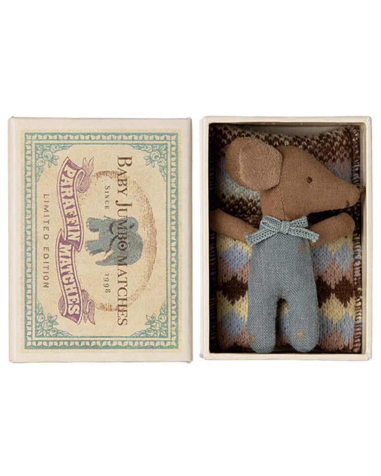 Little maileg play blue sleepy/wakey baby mouse in matchbox