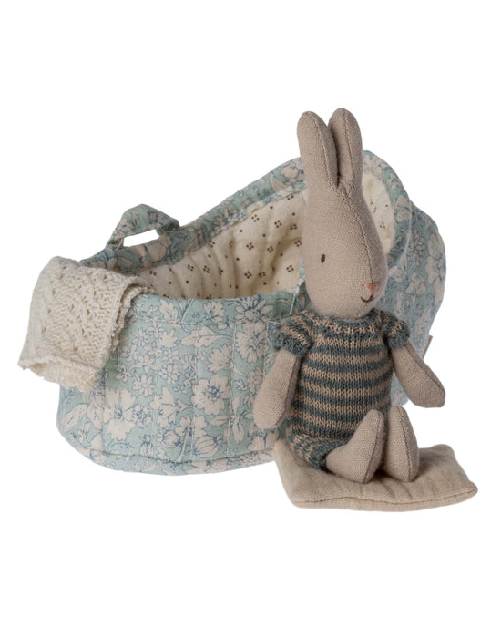 Little maileg play micro rabbit in carry cot in dark blue