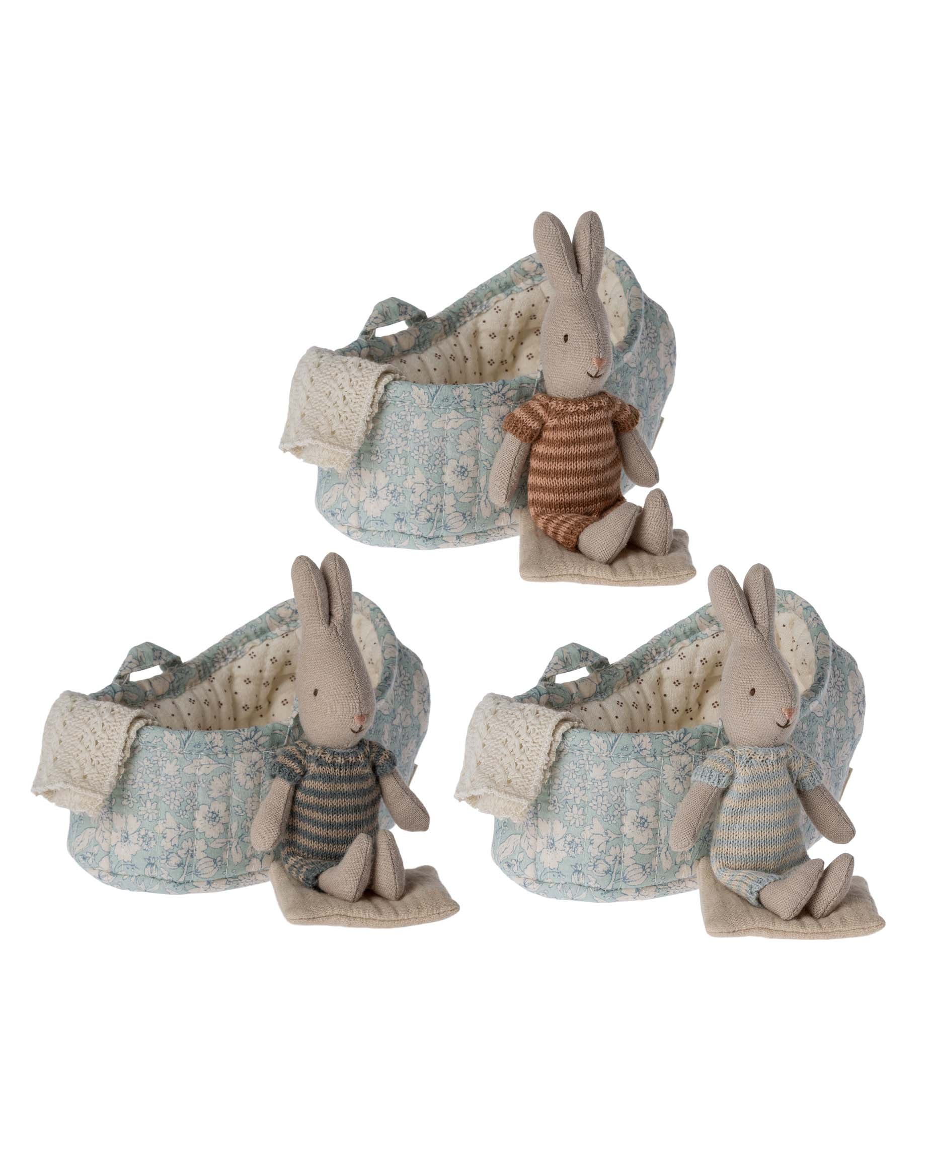 Little maileg play micro rabbit in carry cot in dark blue
