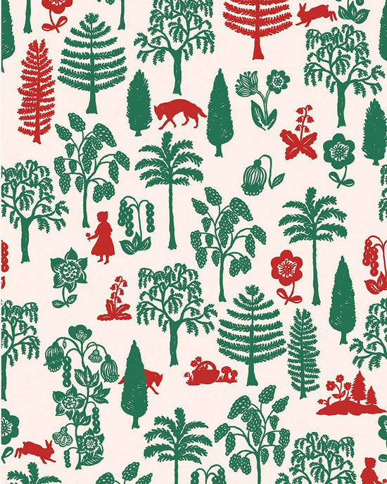 Pattern with green and red illustrations of trees, plants, animals, and a person in a dress on a beige background, reminiscent of the charming world of Minikane dolls in the Nathalie Lété stroller in trees & chaperon design by minikane.