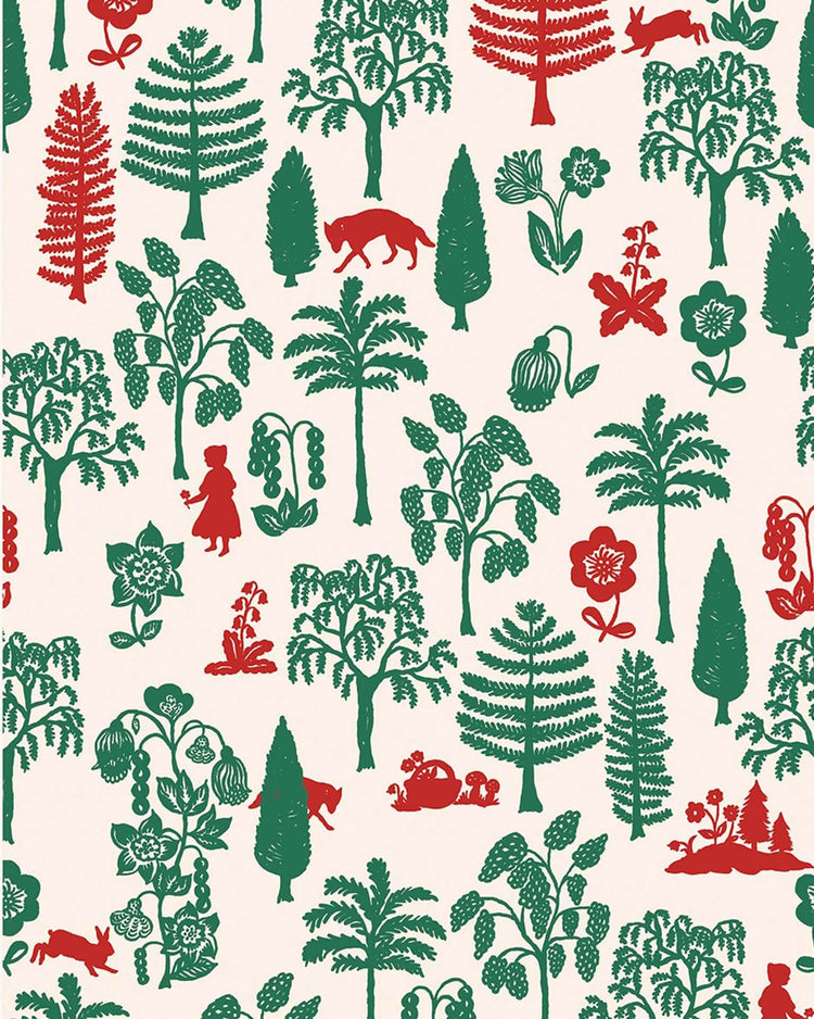 Pattern with green and red illustrations of trees, plants, animals, and a person in a dress on a beige background, reminiscent of the charming world of Minikane dolls in the Nathalie Lété stroller in trees & chaperon design by minikane.