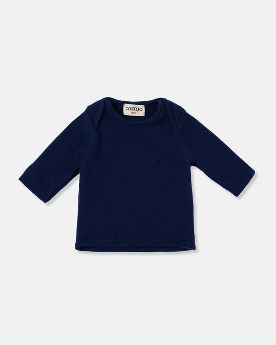 The cozmo blair soft knit newborn top in navy features long sleeves and a crew neck, crafted from warm, cozy fabric and shown on a plain white background.