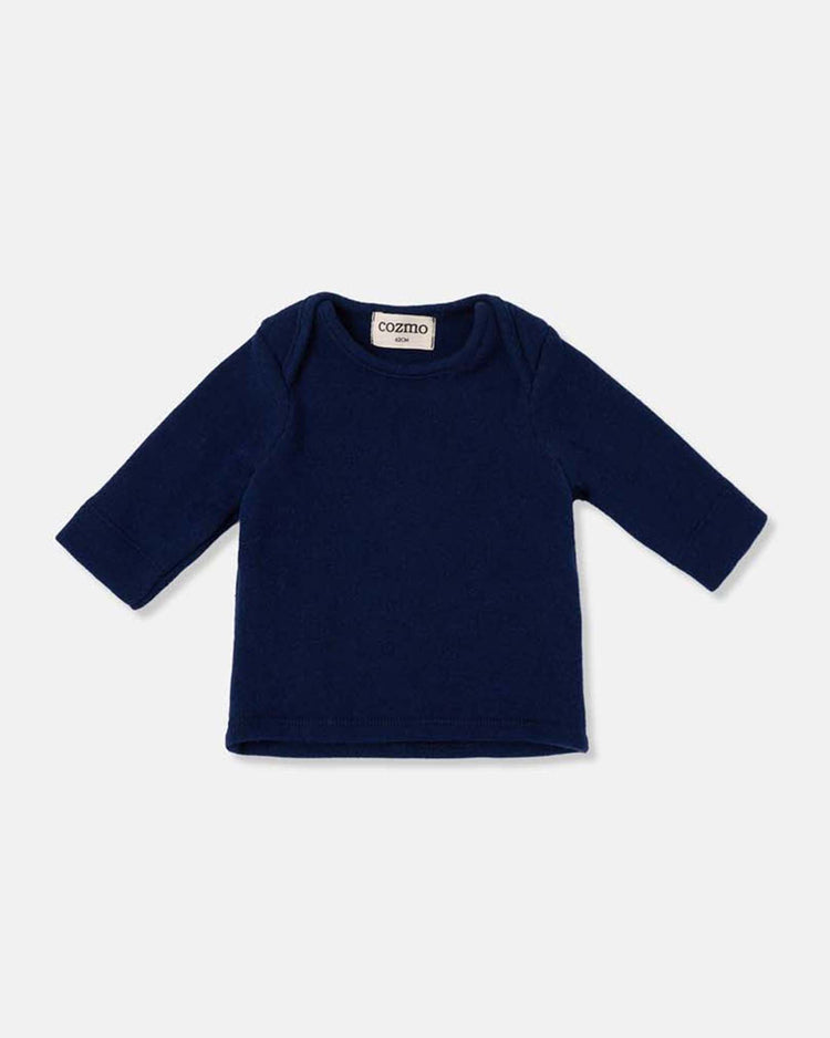 The cozmo blair soft knit newborn top in navy features long sleeves and a crew neck, crafted from warm, cozy fabric and shown on a plain white background.