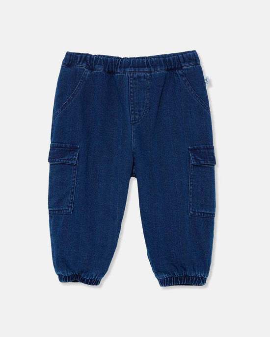 The cozmo john denim baby pants feature dark blue textured fabric, an elastic waistband and cuffs, two side pockets, plus two cargo pockets on the legs, shown on a plain background.