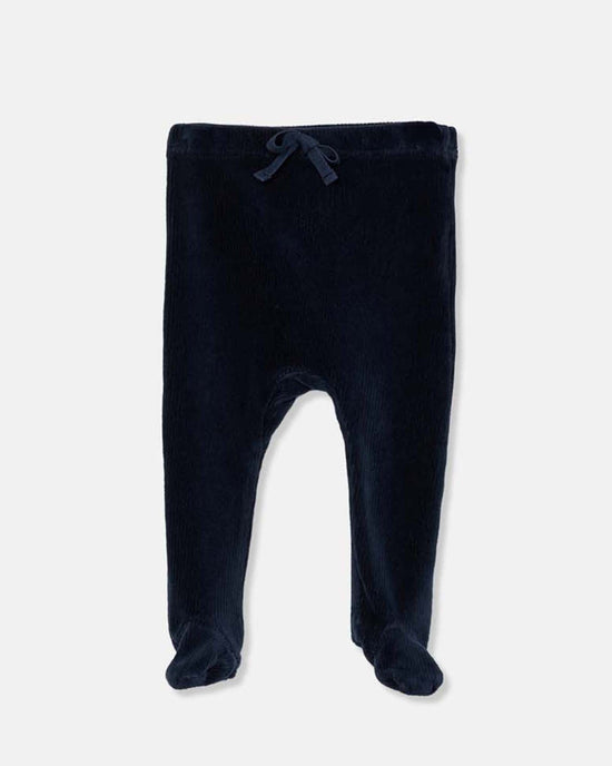 The cozmo pat velour corduroy newborn pants in navy feature a cute bow at the waistband, made from soft, warm fabric—ideal transitional wear for your baby, shown on a plain white background.