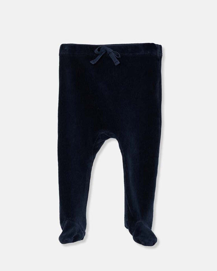 The cozmo pat velour corduroy newborn pants in navy feature a cute bow at the waistband, made from soft, warm fabric—ideal transitional wear for your baby, shown on a plain white background.