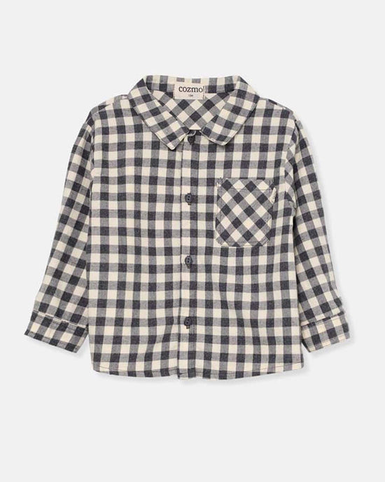 The samuel gingham baby shirt in ivory by Cozmo features long sleeves, black and white plaid, a front chest pocket, and cozy fabric—an ideal transitional piece from the Back to Cozmo collection, shown against a plain background.