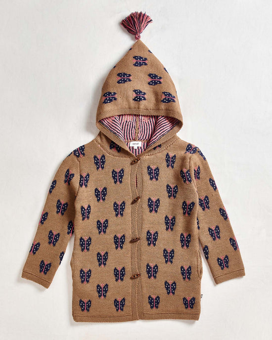 Little oeuf kids motif hooded coat in camel butterfly