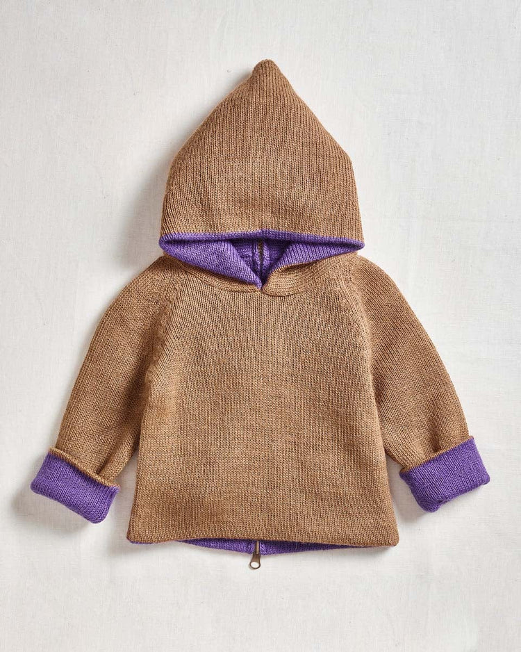 Little oeuf kids reversible hoodie in camel + grape