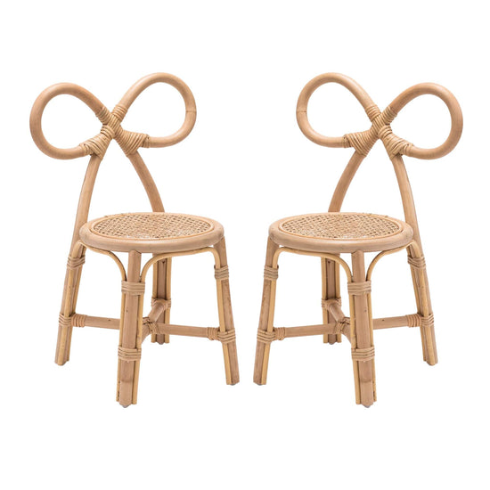 Two poppie toys Poppie Bow Chairs with woven seats and bow-shaped backrests sit side by side on a plain white background.