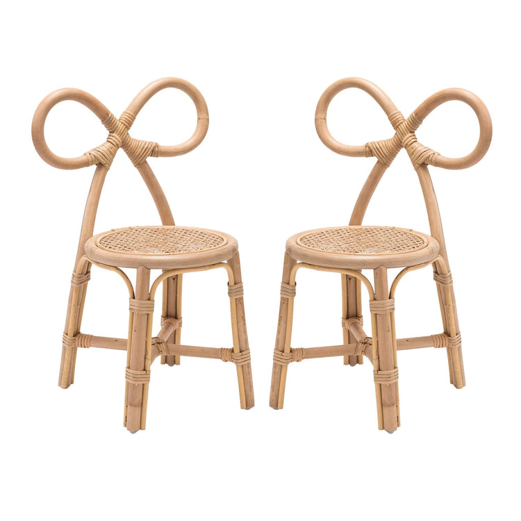 Two poppie toys Poppie Bow Chairs with woven seats and bow-shaped backrests sit side by side on a plain white background.