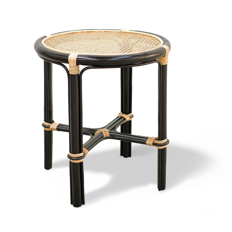 The Poppie Kids Table by Poppie Toys features a round black rattan design with natural accents and sturdy crossbars—an elegant, woven cane kids' furniture piece perfect for any space.
