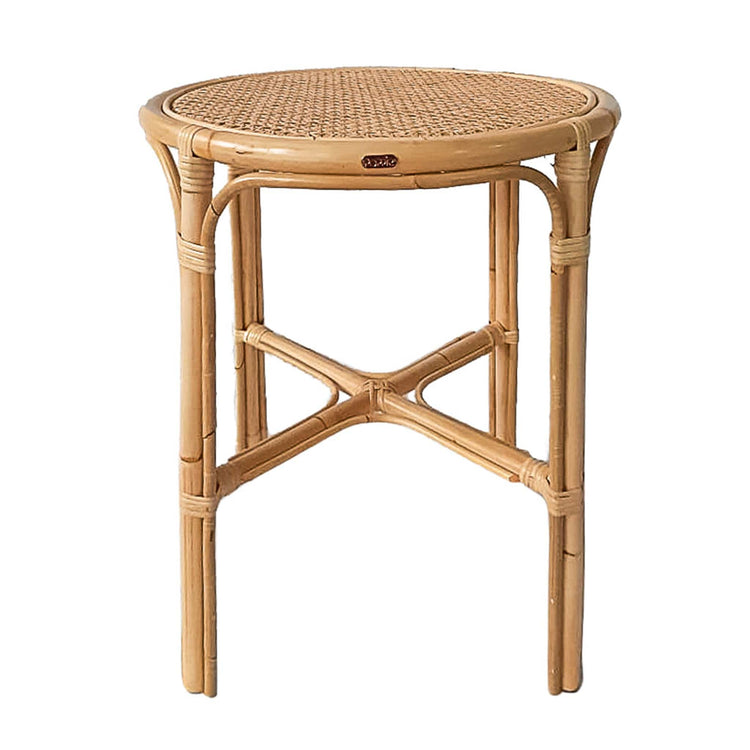 The Poppie Kids Table by Poppie Toys features a round rattan design with a woven top, four legs with cross braces, and a natural light wood finish—an elegant addition to any playroom.
