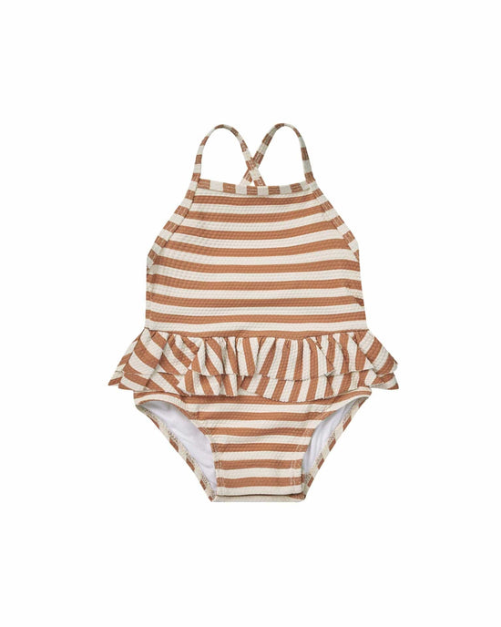 Little quincy mae baby ruffled one-piece swimsuit in clay stripe