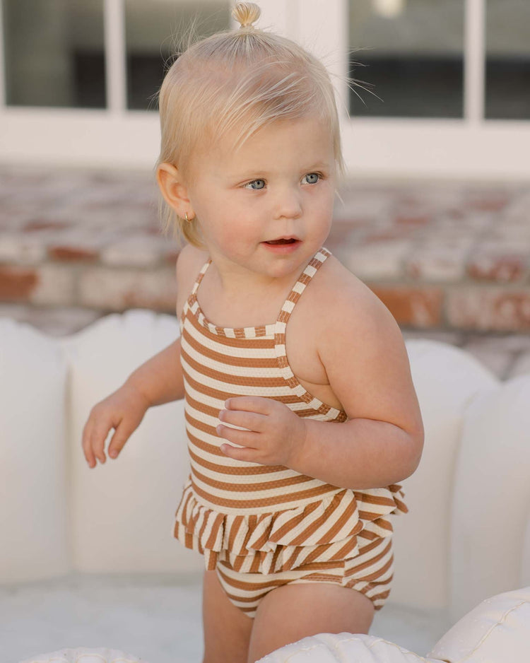 Little quincy mae baby ruffled one-piece swimsuit in clay stripe