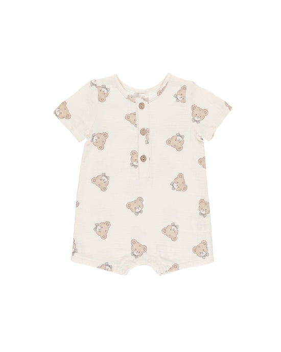 Little quincy mae baby short sleeve woven romper in teddy