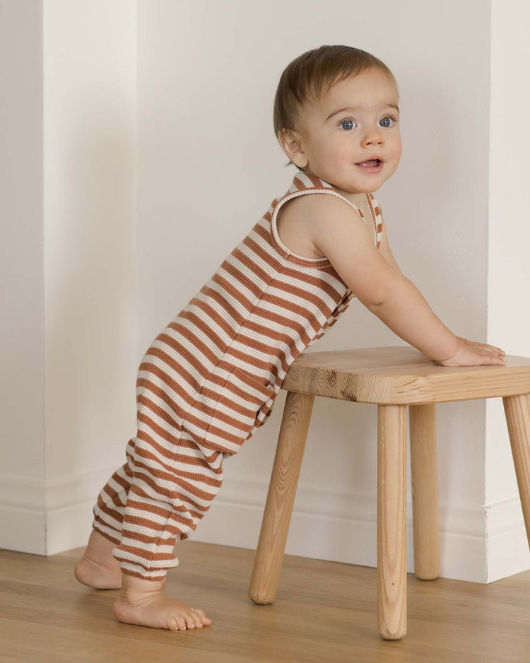 Little quincy mae baby waffle jumpsuit in clay stripe