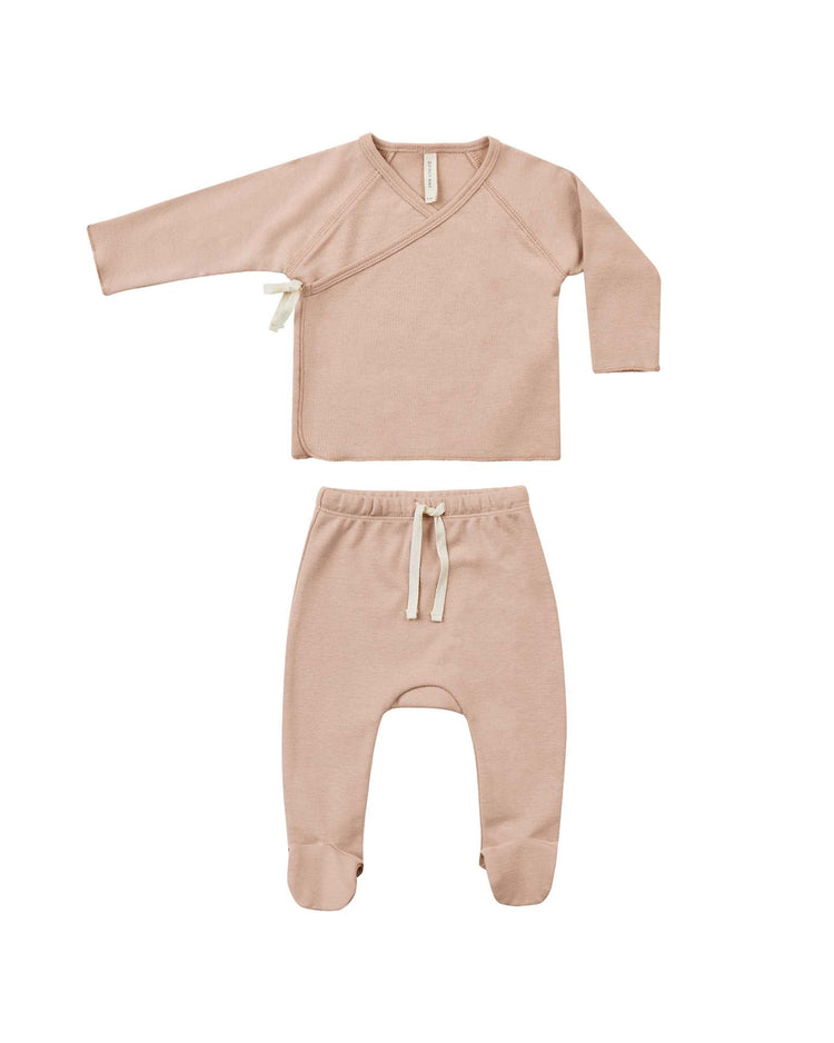 Little quincy mae layette wrap top + footed pant set in blush