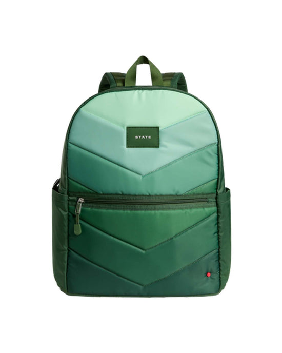 The Kane Kids Large Double Pocket Backpack in Olive Chevron by STATE Bags features quilted chevron patterns, organizational zip pockets, a front zipper pocket, top handle, adjustable straps, and a STATE label on the front.