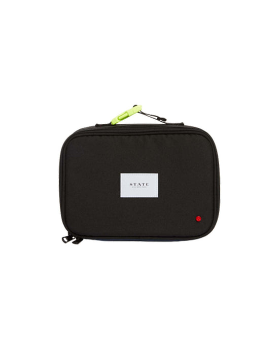 The STATE Bags Rodgers Lunch Box in black features a rectangular shape, recycled polyester, full insulation, a central white STATE label, a red dot in the corner, and a neon green zipper pull.