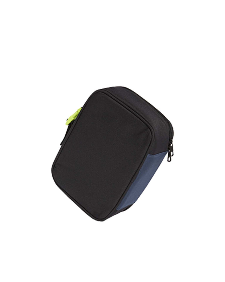 The “rodgers lunch box in black- old sku” by state bags features a rectangular design with a zipper, blue side panels, a green zipper pull tab, and full insulation, all crafted from recycled polyester and shown against a white background.