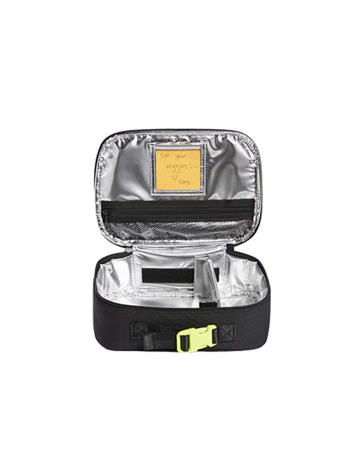 The state bags rodgers lunch box in black–old sku is fully insulated with recycled polyester, featuring a mesh pocket, transparent card slot for notes, and a front green latch.