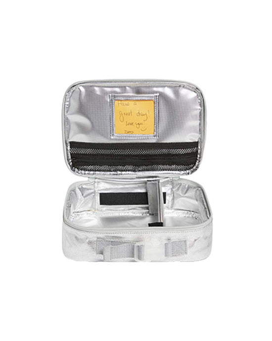 Open the state bags Rodgers lunch box in silver - old sku and find an insulated main compartment plus a small handwritten note inside the lid: Have a great day! Love you! Dad.