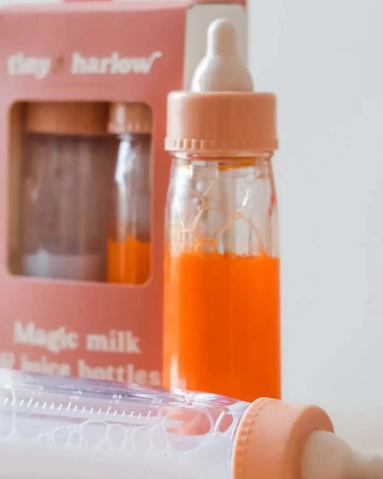 Little tiny harlow play doll milk + juice bottle set