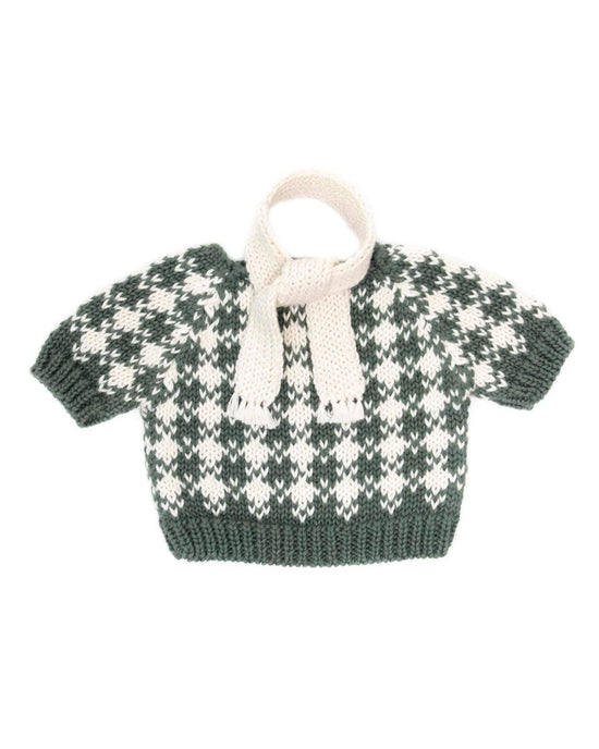 Little tun tun play bear check sweater + scarf in green