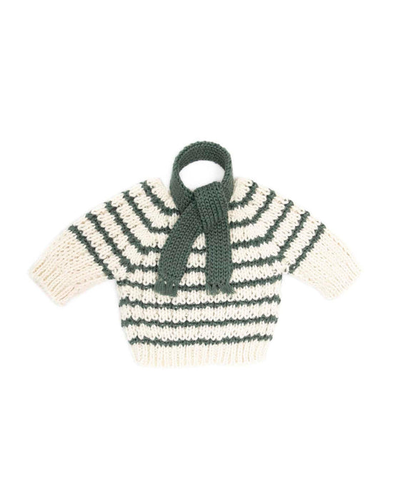 A knitted sweater with green and white horizontal stripes paired with a matching green scarf, echoing the charm of the tun tun bear striped sweater + scarf in green.

