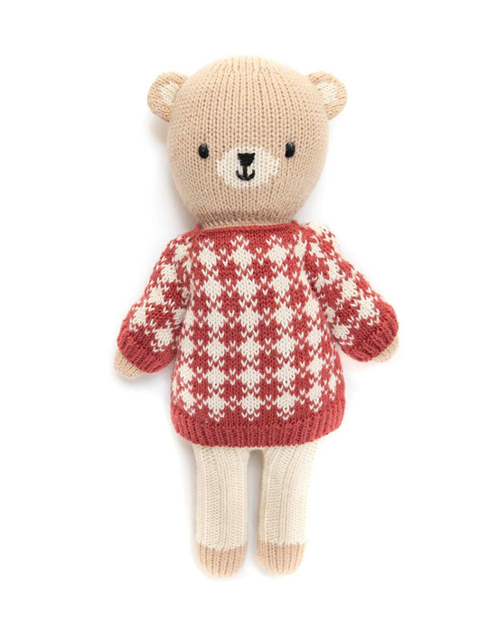Little tun tun play bear with check sweater in burgundy