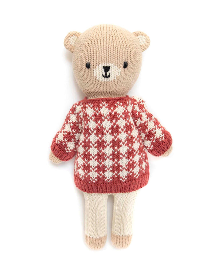 Little tun tun play bear with check sweater in burgundy