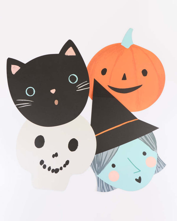 Add spooky charm to your celebration with the “halloween heads placemats” by meri meri—a set of four colorful paper cutouts featuring a black cat, an orange jack-o-lantern, a white skull, and a blue-faced person in a black witch hat. Perfect as festive Halloween party tableware or playful placemats on your holiday table!.