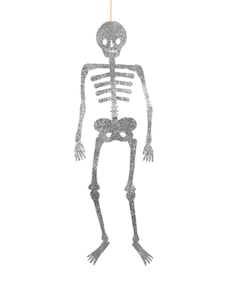 A giant glitter jointed skeleton decoration by Meri Meri hangs by a string against a white background, featuring visible ribs, skull, arms, and legs—making it the perfect addition to your Halloween party decor or a unique piece for your collection of giant skeleton decorations.