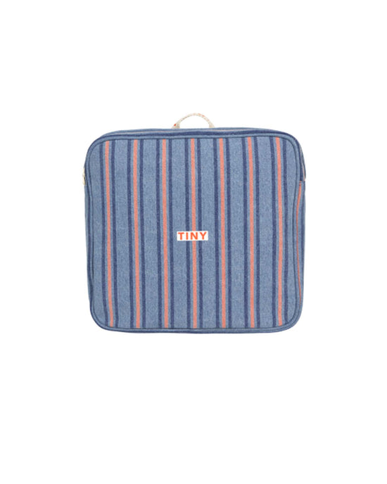 The stripes denim toddler backpack by tiny cottons features unique prints with vertical blue, red, and pink stripes. It has a small top handle and displays "TINY" in orange on the front, reflecting tiny cottons' high-quality clothing aesthetic.