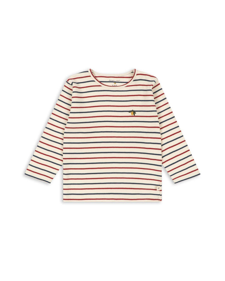 The voco modal blouse in tricolore bleu by konges sløjd is a long-sleeve, cream-colored shirt with horizontal navy blue and red stripes, crafted from a soft modal blend and featuring a small embroidered yellow animal on the left chest.