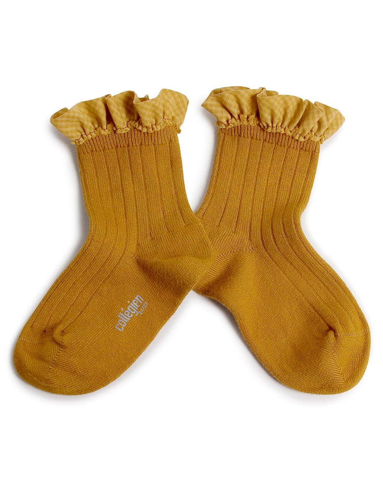 Little collegien accessories gingham ruffle ankle socks in moutarde de dijon
