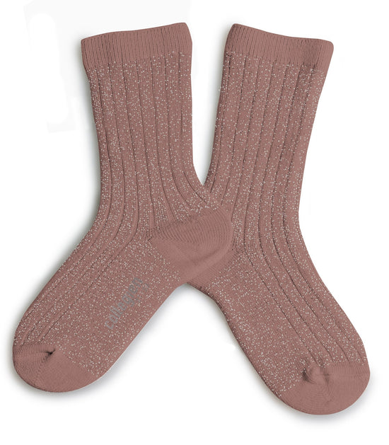 A pair of beige Collegien Victoire crew socks in Praline de Lyon with ribbed cuffs and dotted patterns, displayed flat against a white background.