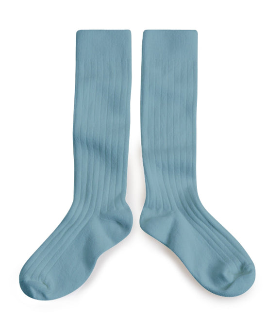 Little collegien accessories plain ribbed knee high socks in bleu azur
