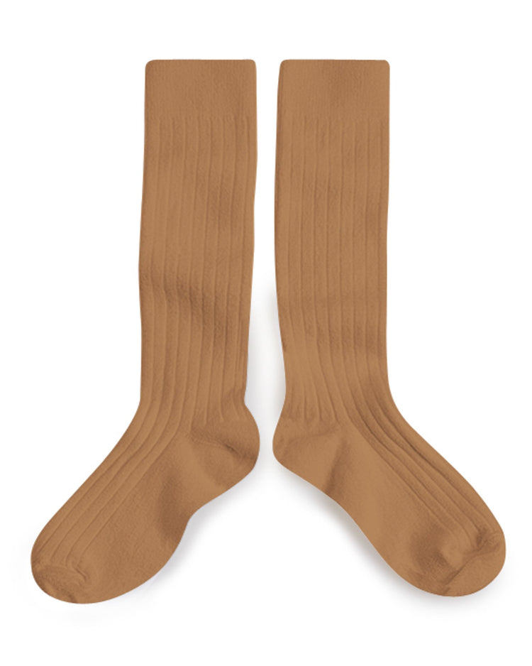 Little collegien accessories plain ribbed knee high socks in caramel au beurre salé