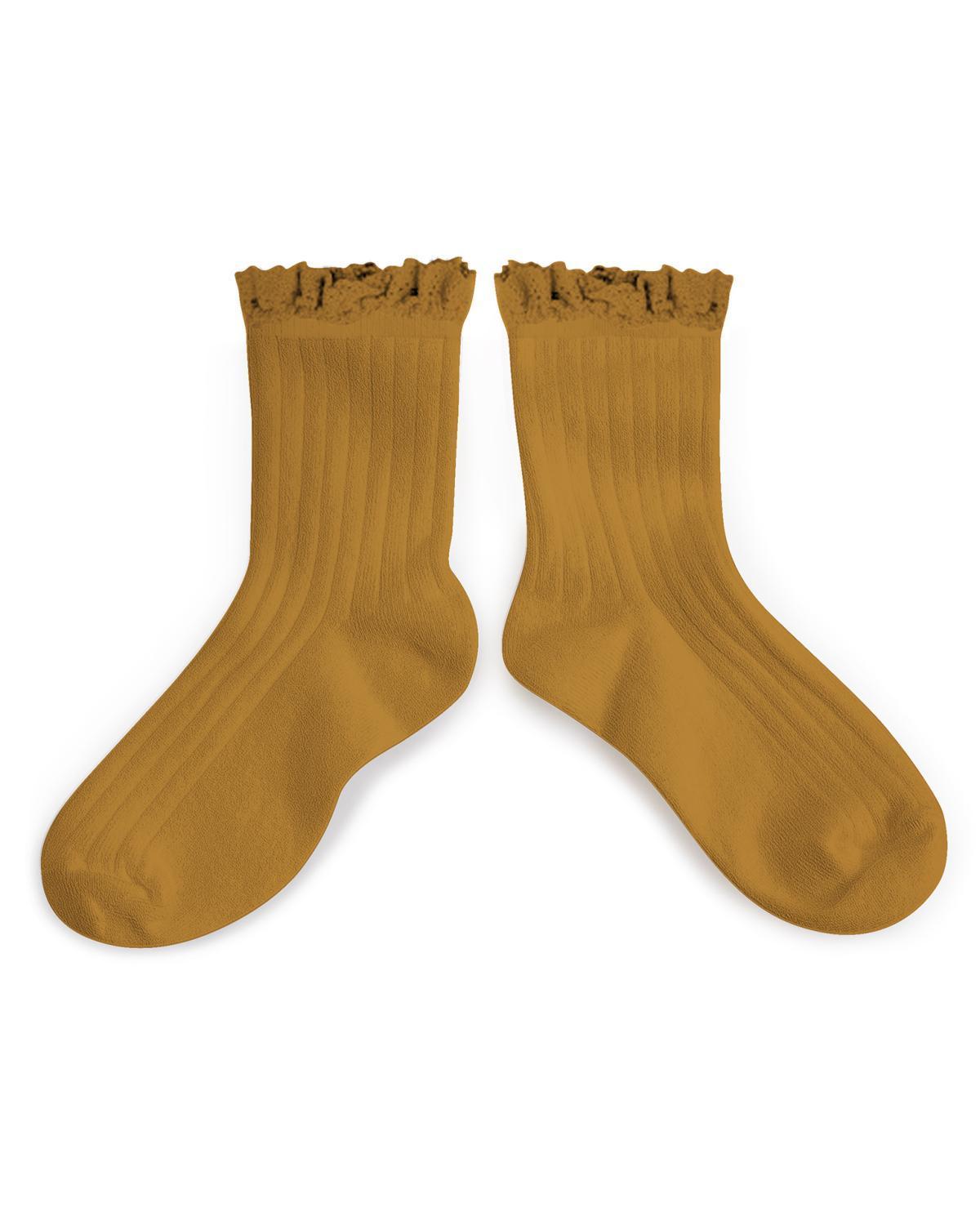 Little collegien accessories 18/20 ruffle trim ankle socks in moutarde de dijon